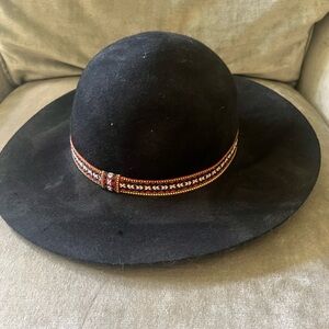 Black Wide-Brim Hat with Embroidered Band